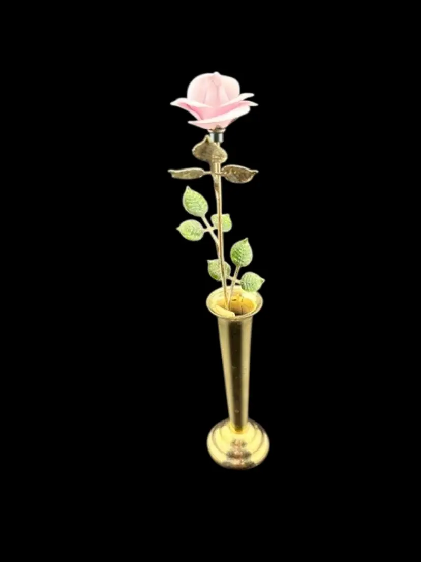 Vintage Brass Bud Vase with Metal Rose - Made by Mann, Inc.  10" tall x 1.75" wide