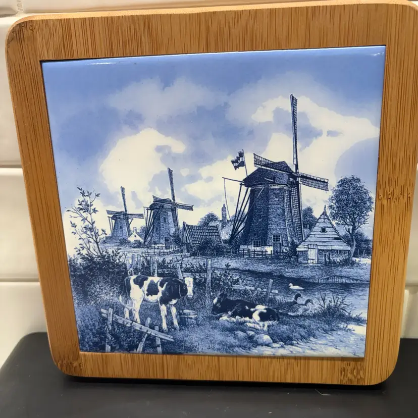 Vintage Delft art tile by J.C. van Hunnik features a Windmill & Farm Trivet