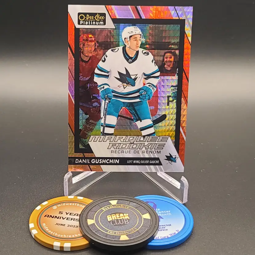 Danil Gushchin Rookie 2023-24 Upper Deck O-Pee-Chee Platinum Hockey Red Prizm Parallel Numbered 70/199 Card #221 - San Jose Sharks