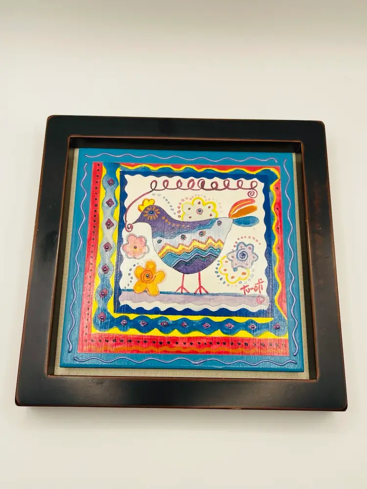 Folk Art Style Chicken Framed Painted Tile