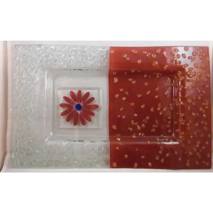 #01 Eterno Handmade Glass Fused Art Glass Tray Unusual Size Pebble Design w/ Daisy