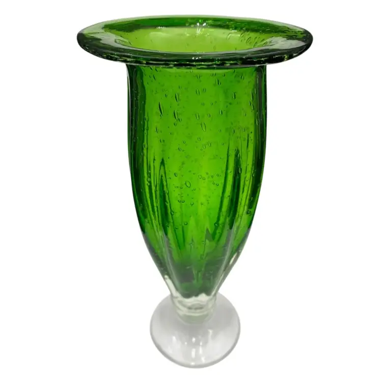 Vintage Kelley Green Bubble Glass Vase, Ribbed, Footed Pedestal, Lipped, 10.5"