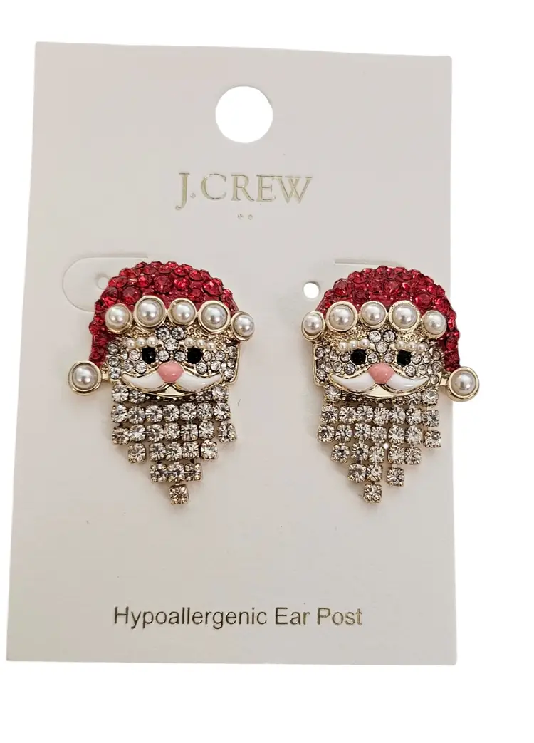J. Crew Santa Post Earrings Rhinestone Faux Pearl Articulated Beard Dangles L618