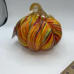 MIKASA Hand Blown Art Glass Pumpkin Orange Multicolor Swirl Fall 6” x 5.5”