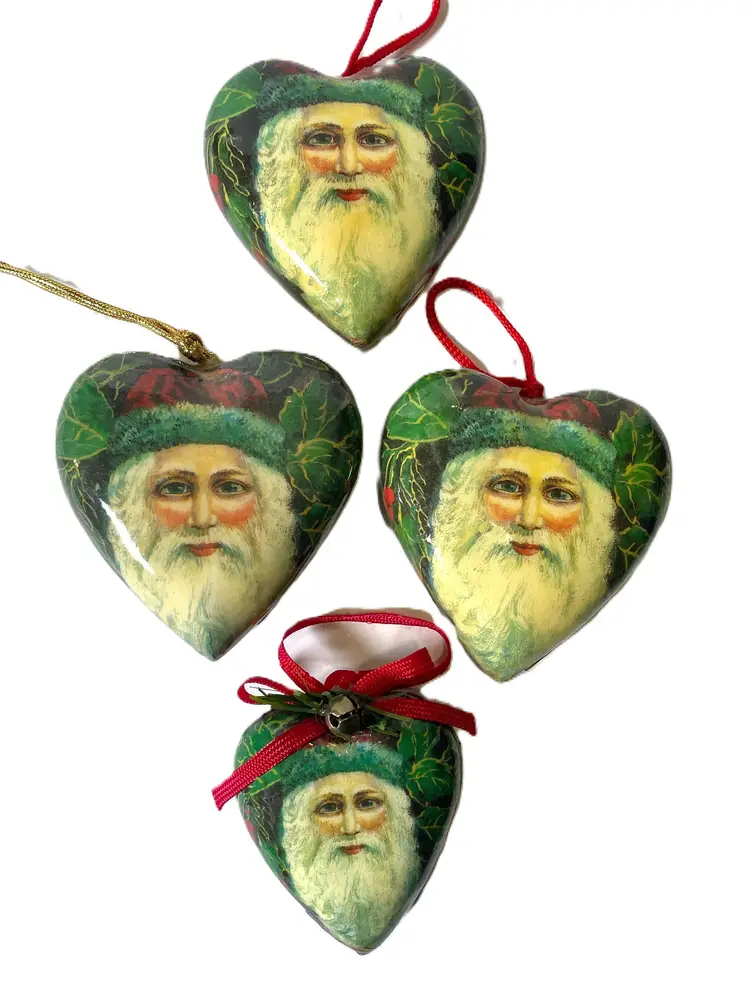 Vintage Set of 4 Paper Mache Heart Shaped Santa Claus Christmas Ornaments