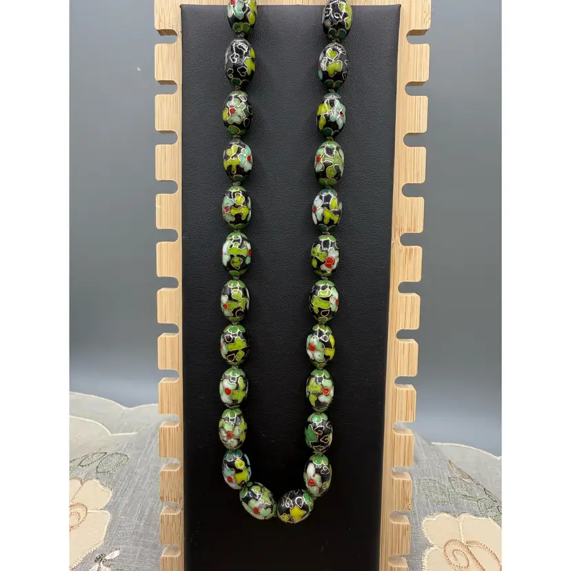 🐞Vintage Cloisonné Enamel Oval Bead Necklace Hand Knotted Black Green 22”