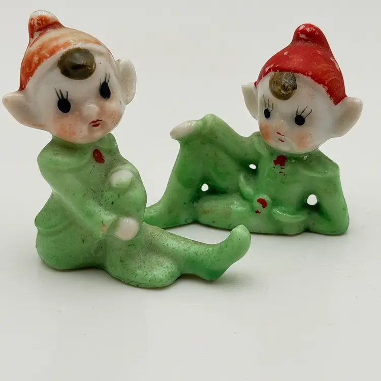 Ceramic Little Green Pair Of Vintage Lounging Pixie Elves