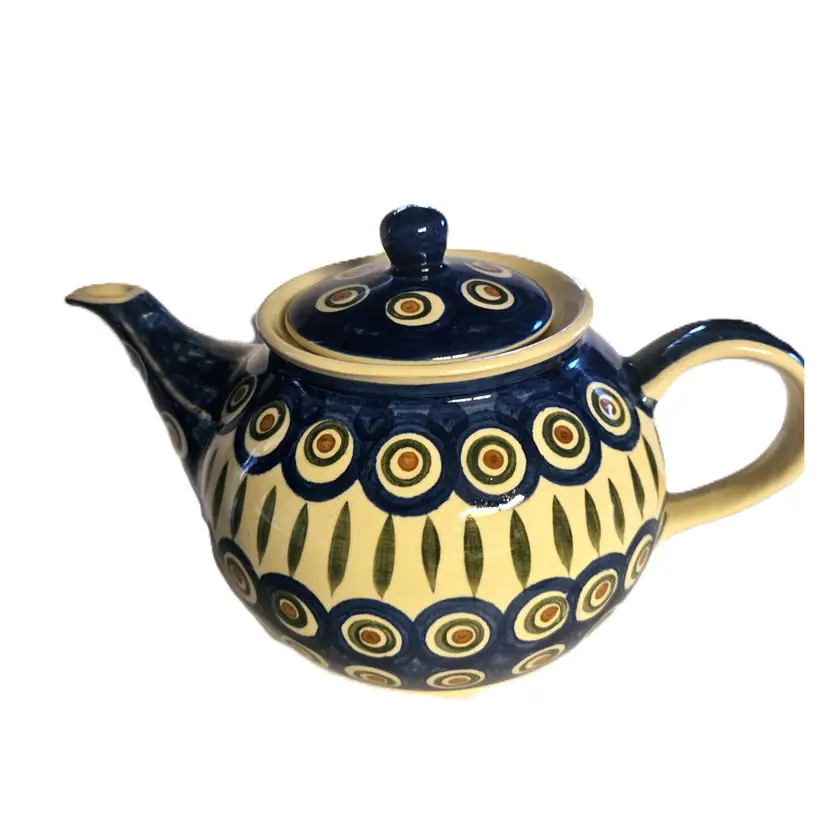 #01 - Vintage Peacock Teapot Made in Boleslawiec, Lower Silesia in Poland, 5,75" tall x 6" wide