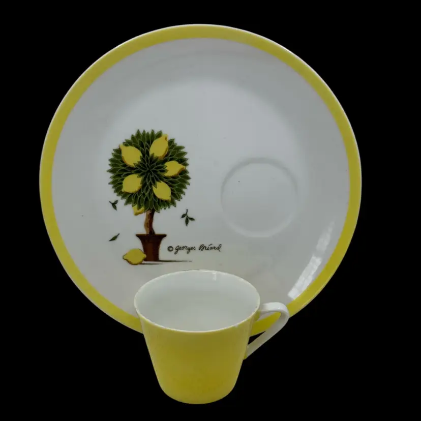 Vintage Georges Briard 'Lemon Tree' ceramic snack plate and cup set. Small Chip On Cup Rim