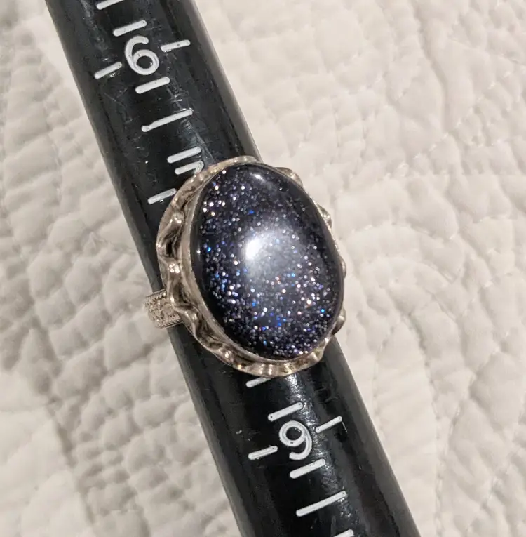 Vintage Sterling Silver Ring with Large Glittery Deep Purple Natural Stone, Size 8.75