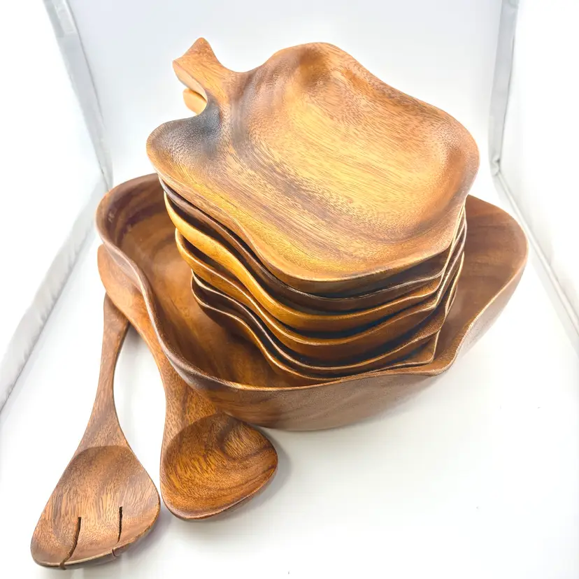 Vintage MCM Wood Salad Bowl Set Of 9 Pieces - Labeled Exotic Woods Hong Kong