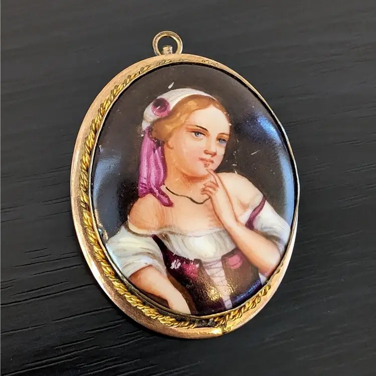 Antique Young Girl Cameo Portrait Brooch or Pendant Hand Painted Porcelain