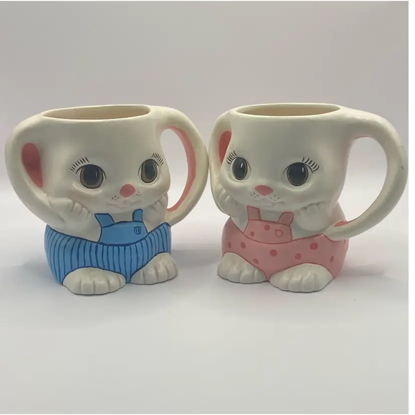 4” Tall Pair Of Bunny Pottery Mugs- Hobbyist Pieces