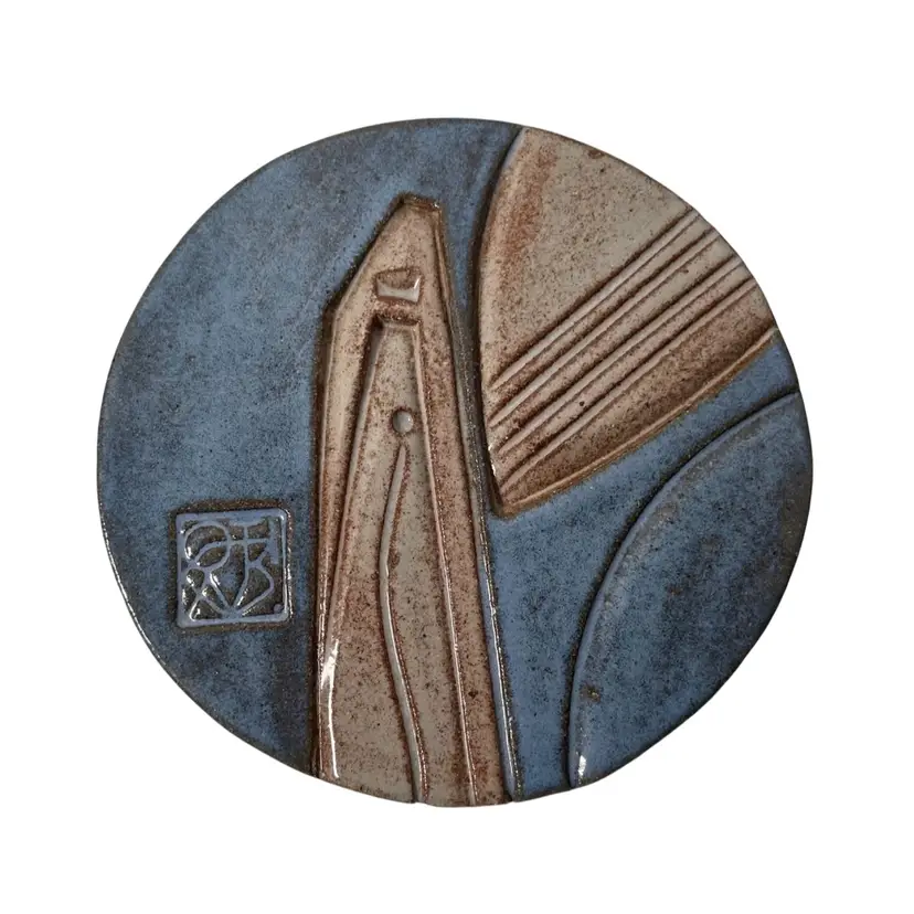 Vintage Paolo Soleri Cosanti Arcosanti Abstract MCM Round Ceramic Pottery Tile Blue 4.5"