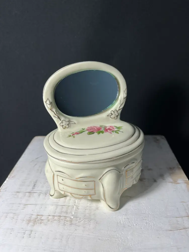 VTG Victorian Style Ceramic Vanity Trinket Box W/mirror-Ivory Colored w/pink Roses