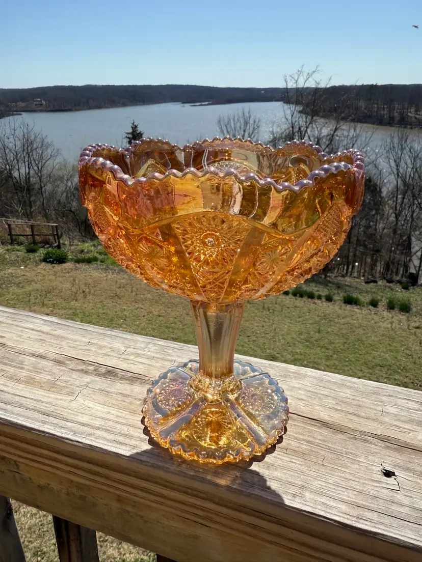 Imperial Glass Marigold Carnival Glass Compote Pedestal Candy Dish Hobstar and Arches