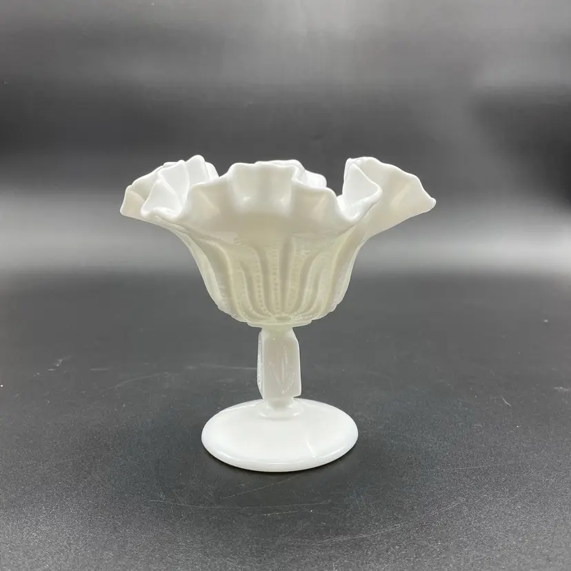 Fenton Footed Open Nut Dish Cactus Pattern Milk Glass Ruffled Edge Compote