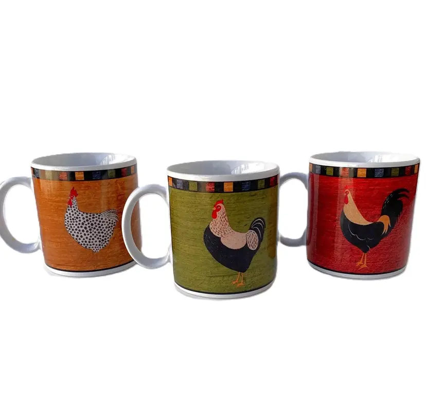 Warren Kimble Set of 3 Rooster Country Kitchen Coffee Mugs Made by Sakura 1999