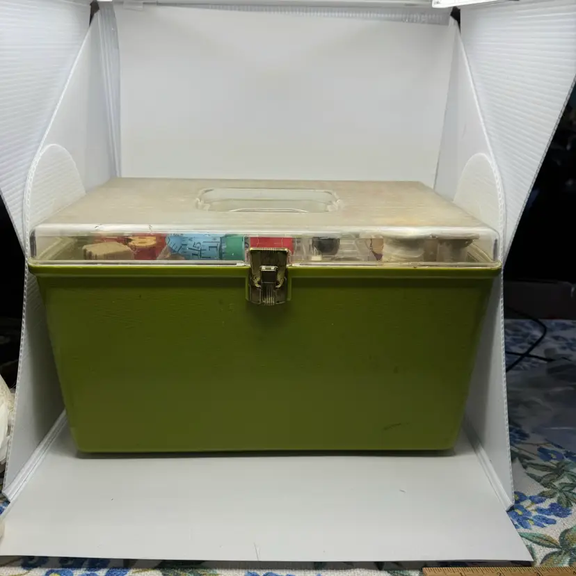 13”x8” Vintage Green Sewing Box, Full Of All Kinds Of Vintage Sewing Items