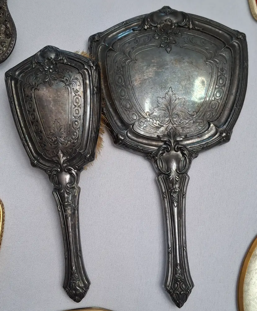 145 Antique Silverplate Vanity Set – Ornate Mirror & Brush – Victorian Art Nouveau Style