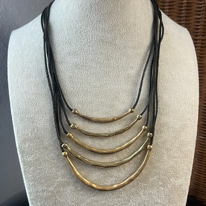 #J56 - Chico's Gold Tone Multi Strand Brown Corded Leather Necklace