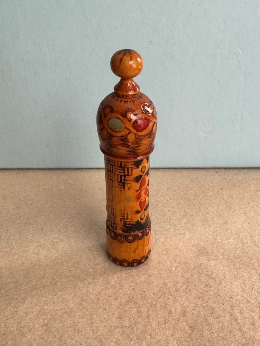 Vintage hand-painted wooden perfume bottle with Bulgarian folk art motifs