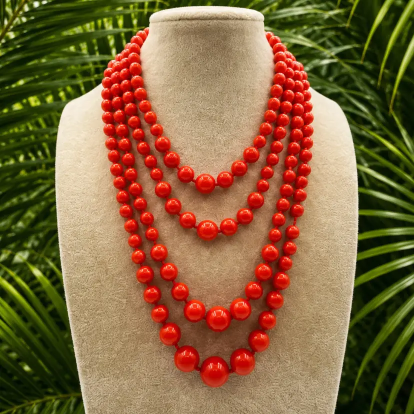Summer - Vintage Orange Plastic Four Strand Shepherd Clasp Necklace