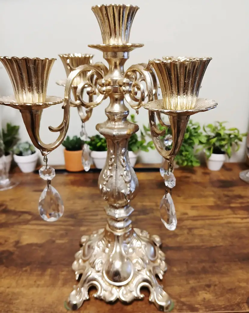Ornate Champaign Toned Candelabra with Crystal Accents