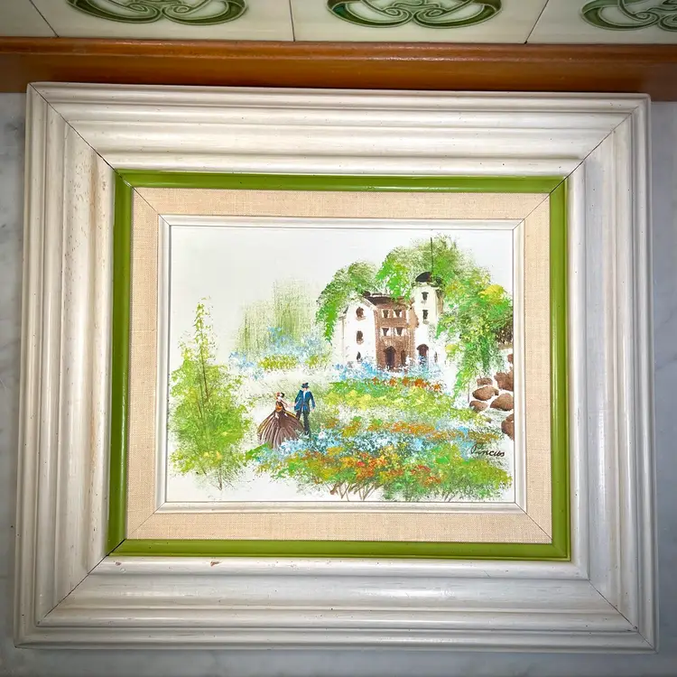 Vintage Framed Impressionist Acrylic Painting Romantic Floral Garden Cottage Scene Avocado Green 15.5x17.5"
