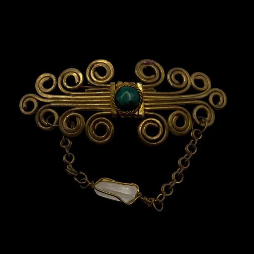 Vintage Brooch - Brass With Scroll Work And Stones