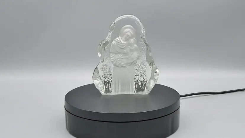 Saint Joseph Baby Jesus Intaglio Clear Ice Art Glass Paperweight Candle Holiday Decor 4"