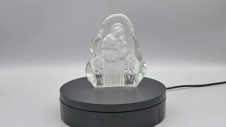 Saint Joseph Baby Jesus Intaglio Clear Ice Art Glass Paperweight Candle Holiday Decor 4"