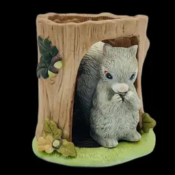 #01 Vintage Franklin Porcelain Squirrel in Tree Stump Woodland Surprises Series 1984