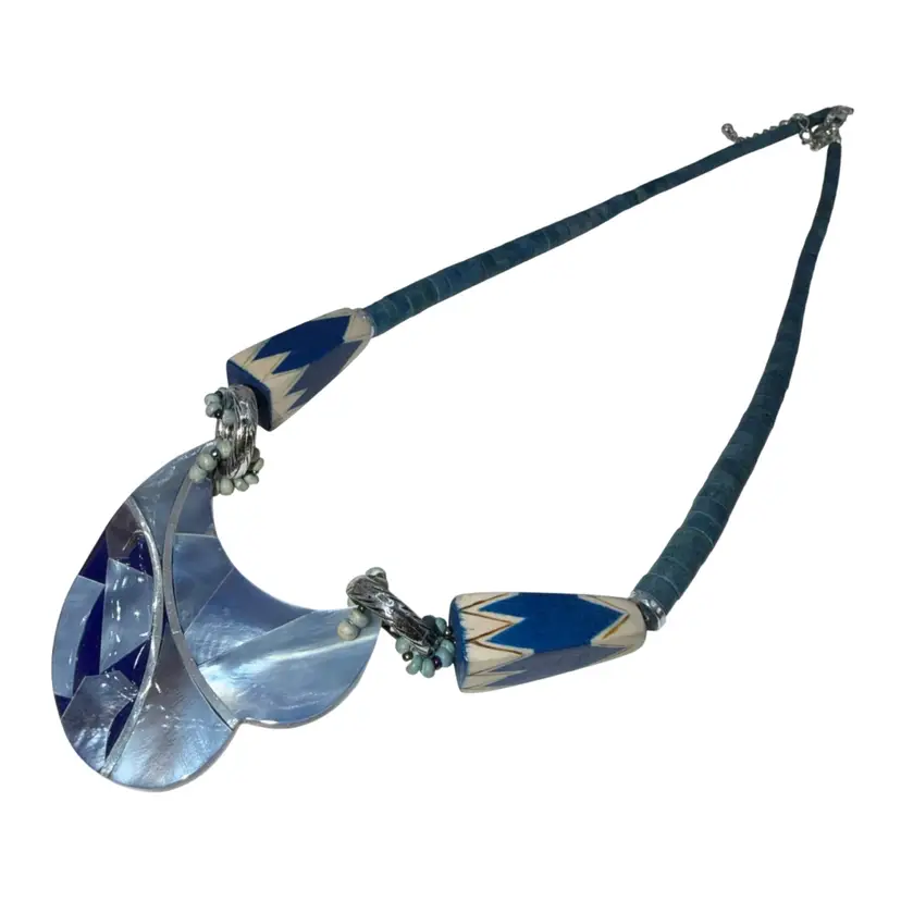 Modernist Inlay Necklace w/ Geometric Lucite & Wood Design