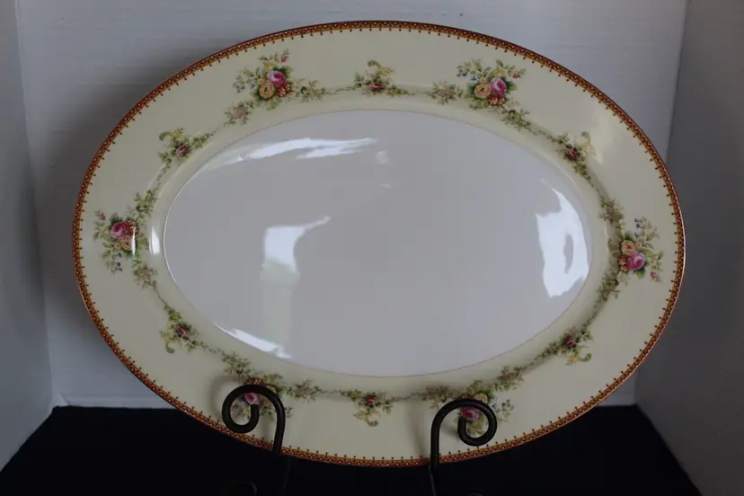 Vintage Meito China Made In Japan Oval Serving Platter Floral Rose Gold Trim