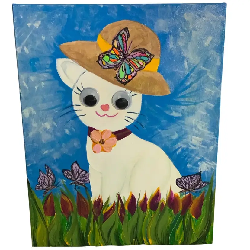 13 “ Cat With A Hat 👒 Julieta Digs In The Tulip Garden” Part Of The 100 Days Of Wonder Mixed Media On Stretched Canvas 20” By 16”