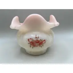 #05 - Vintage (1980's) Signed Fenton Pink Ruffled Glass Rose Bowl ~ Antique Rose / Cabbage Rose Pattern ~ Hand-Painted by A Sallee ~ 3.5 inches tall