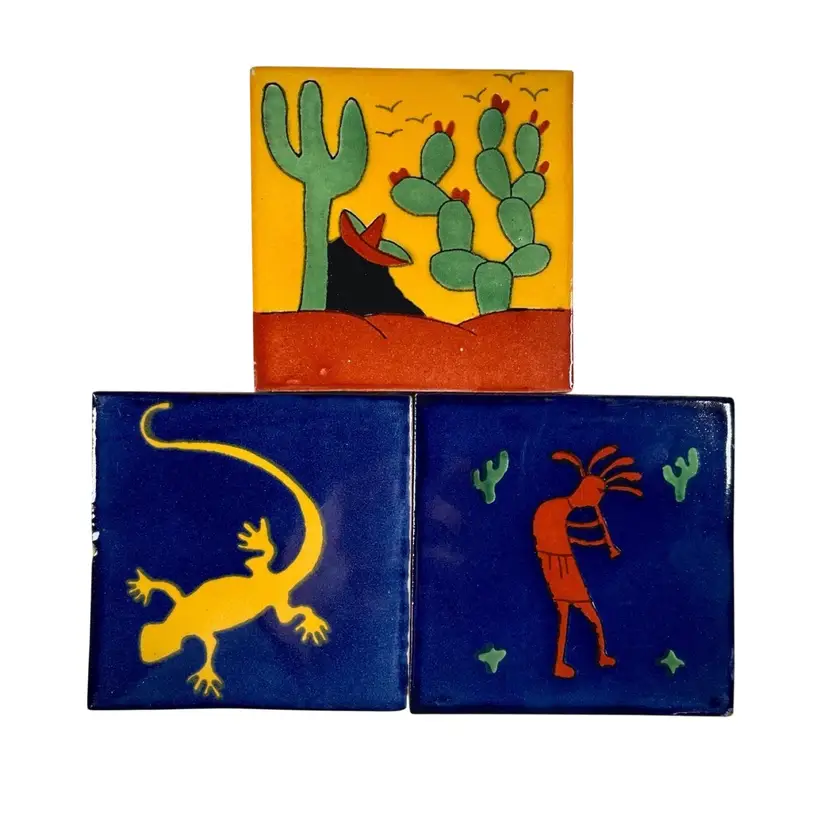 3 Vintage Talavera Decorative Hand Painted Mexican Clay Tile Kokopelli, Lizard, Sleeping Man Backsplash