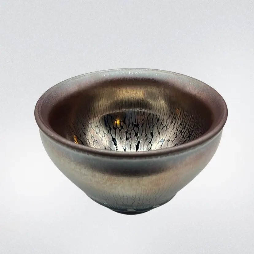 Jianzhan Chinese Tea Bowl of Purple Copper Golden Oil Spot Glaze Pottery | 3.5”