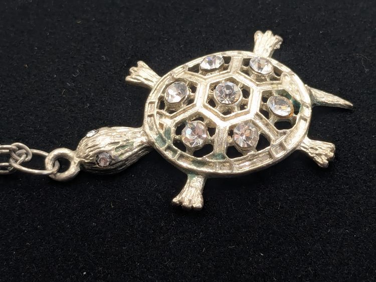 Silver Tone Rhinestone Turtle Pendant Necklace