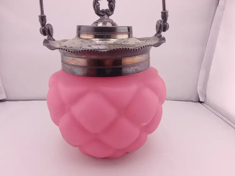 Antique pink quilted satin glass lidded biscuit jar, Consolidated Galss