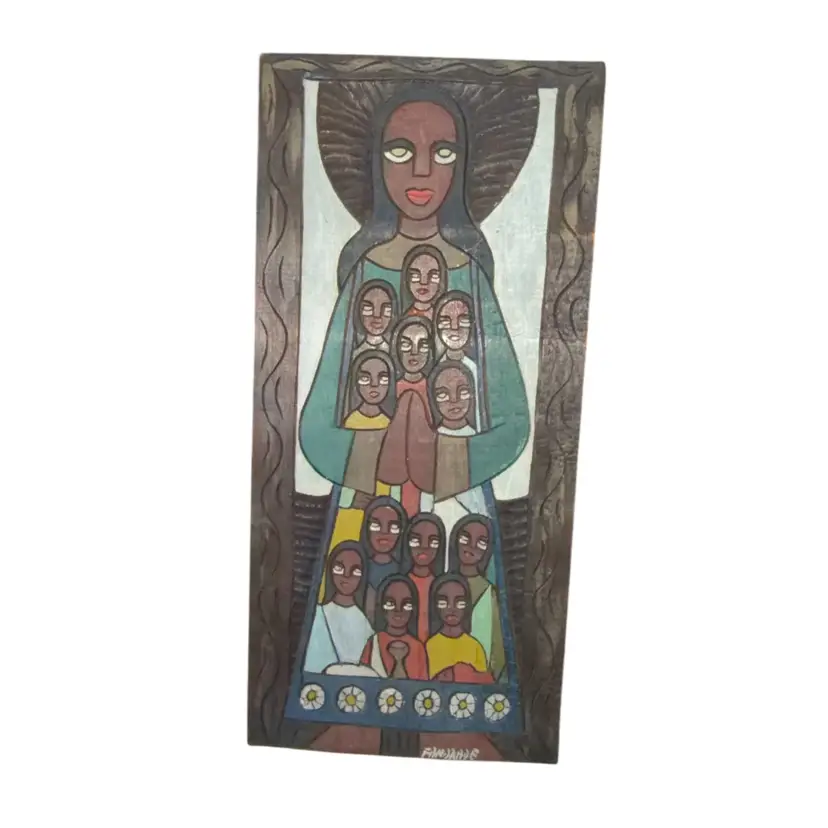 Rare Brazilian Polychromed Carved Wood Jesus & 12 Apostles Wall Hanging Signed