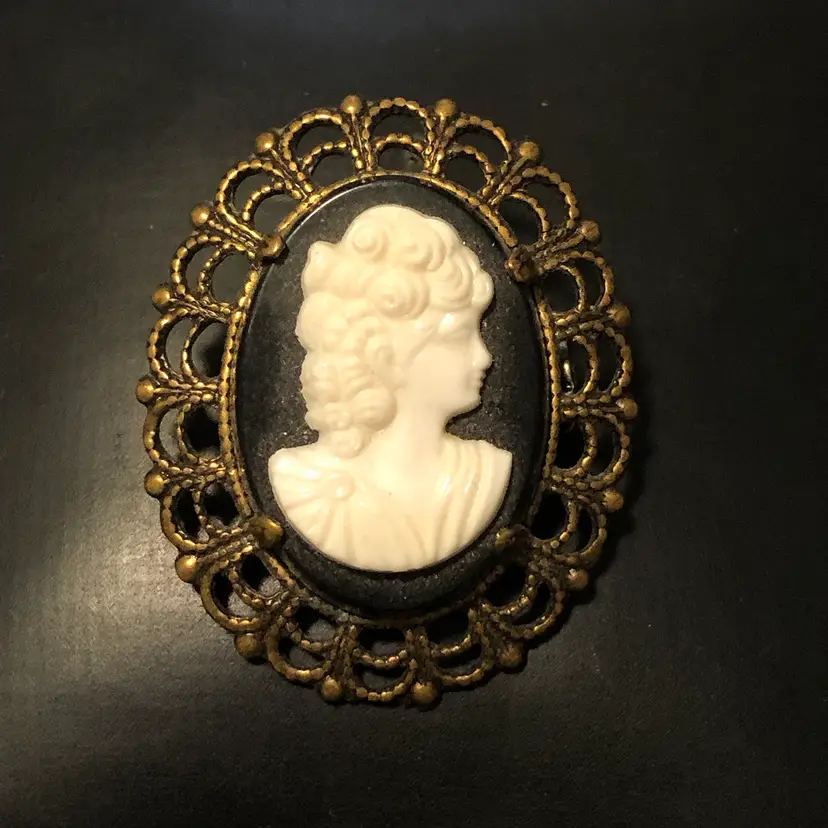 Vintage Black and White Cameo Beautiful Woman Lady Brooch