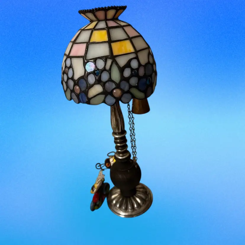 Vintage Dilly Metal and Wood Pillar Candle Holder Married To A vintage Tiffany-style stained glass lamp Shade