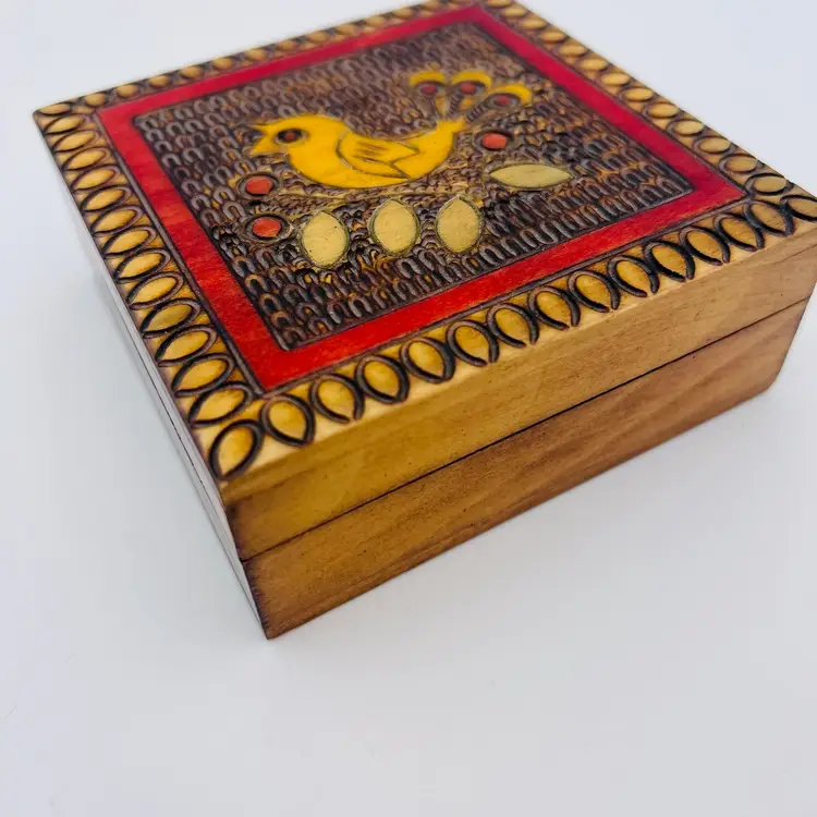 Vintage Pier 1 Hand Carved Wood Bird Design Trinket Box with Hinged Lid Made In Poland  4" X 4" X 1 1/2"