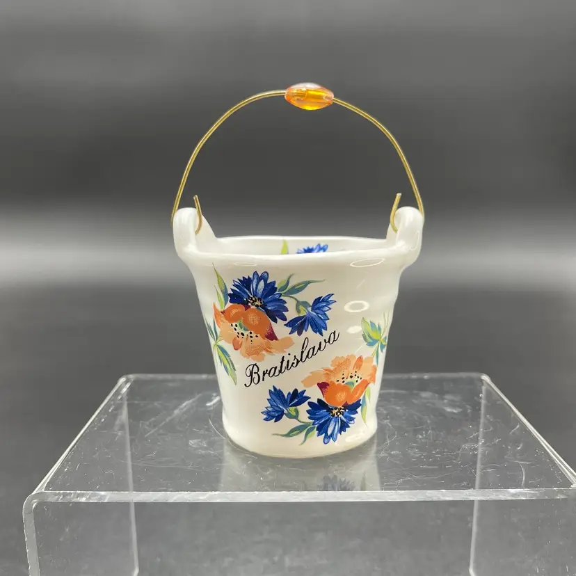 Handmade Painted Ceramic Bucket Trinket Dish Bratislava Slovakia VTG Souvenir