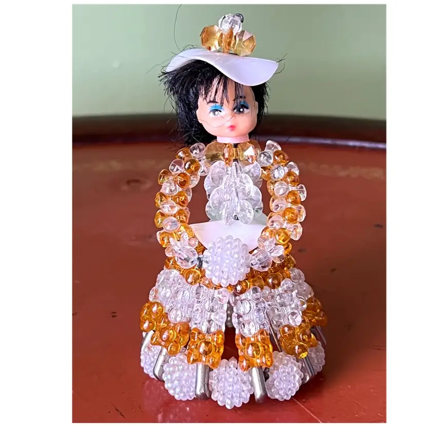 Handmade Safety Pin Doll Girl Figurine Orange & White Beads 4 in Height