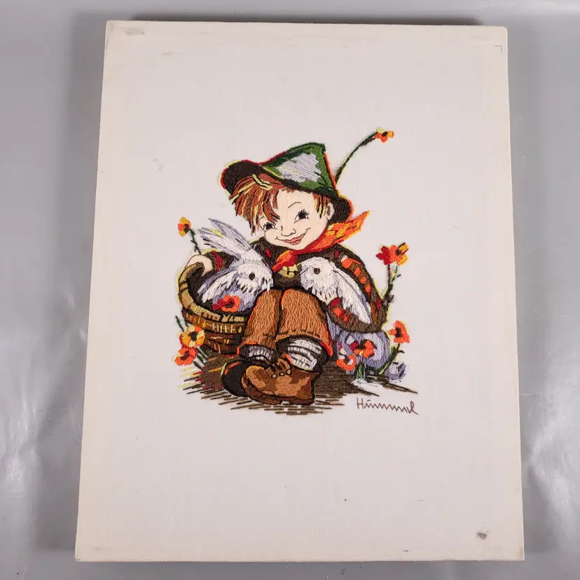 Vintage CREWEL Needlepoint PARAGON 1975 HUMMEL Boy Bunnies Retro PICTURE