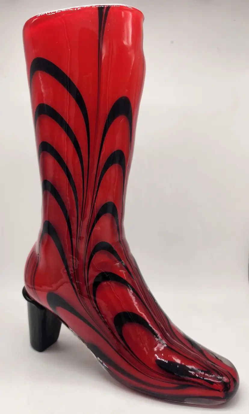 Venetian Murano Black & Red Swirl Heavy Glass High Heel Boot Shaped 13" Vase
