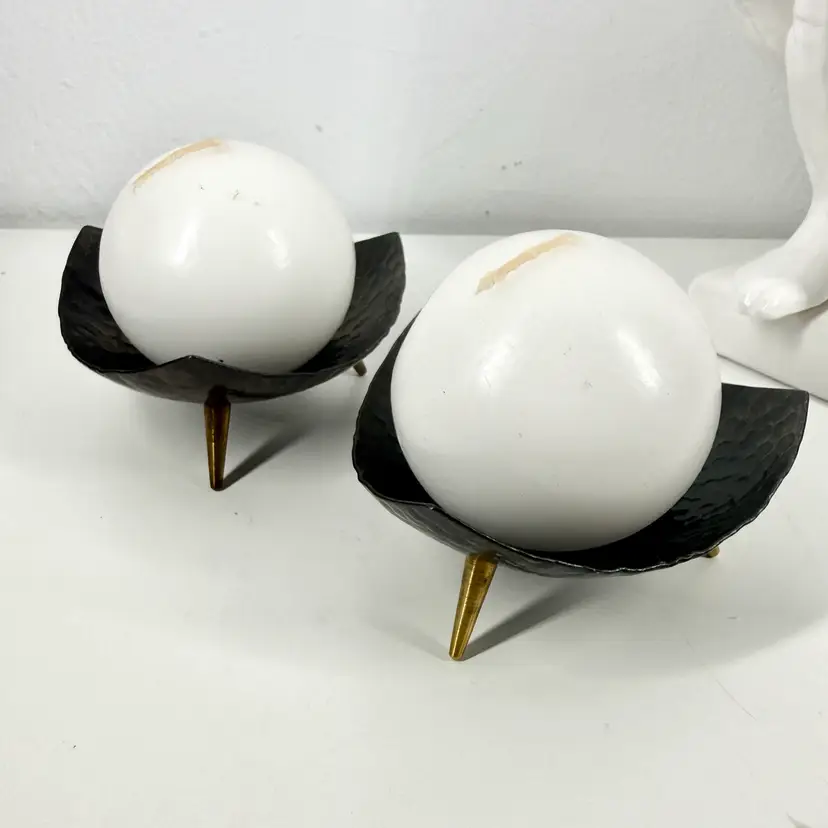 MCM Czech Hammered Metal Candle Holders w/ball Candles